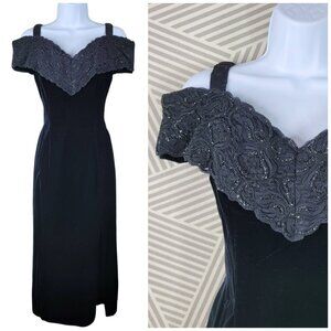 Vintage Evening Black Sequin Lace Off Shoulder Dress Size 6 8 Small Prom Event